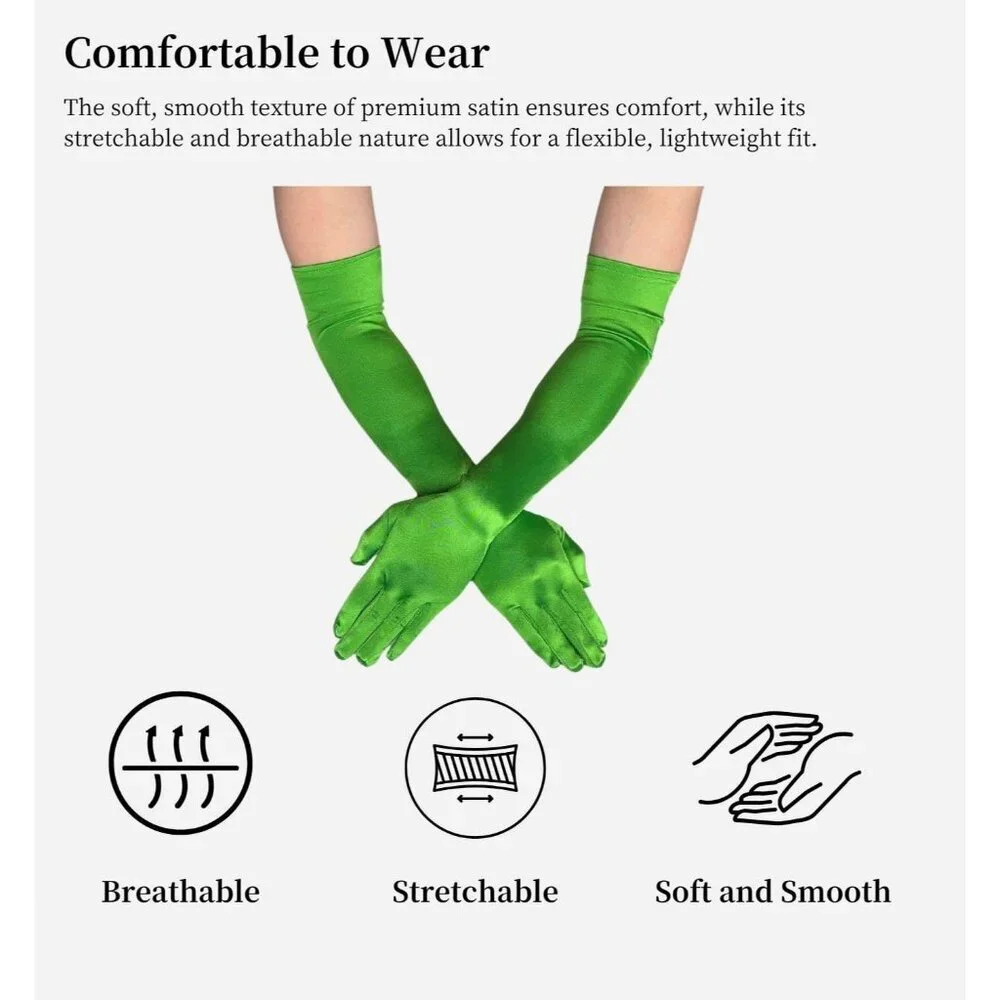 Women's Elbow Length Green Satin Gloves Costume Princess Party Accessories